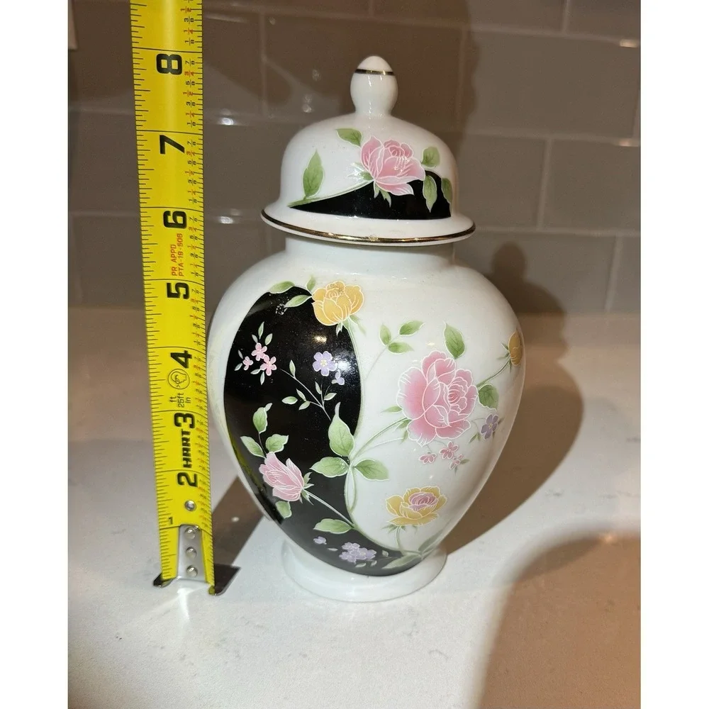 Vintage Japanese Porcelain Ginger Jar Pink Yellow Rose Floral Black White 7.5